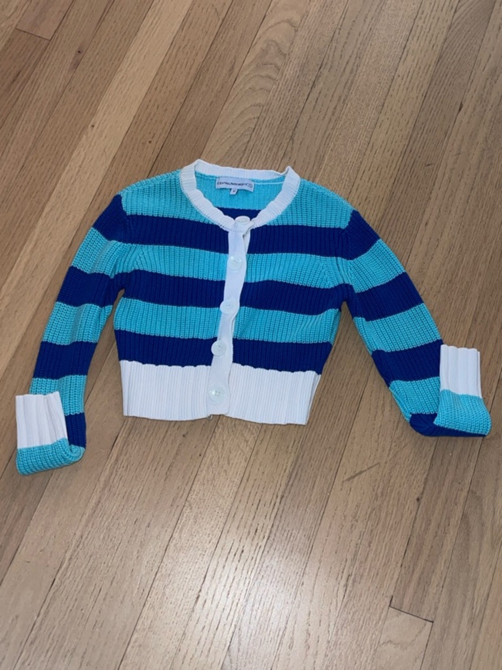 Central Park West Blue & Teal Striped Cropped Cardigan - Kids